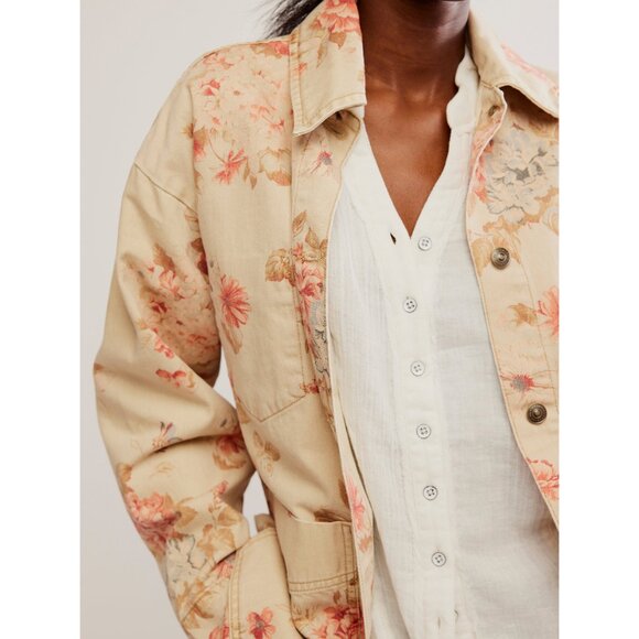 NWT:Free People Floral Jean Jacket - Cream and Pink Size XL - Picture 11 of 14